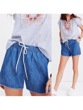 Madewell Chambray Pull-On Drawstring Shorts, Raw Hem/Cut-Off